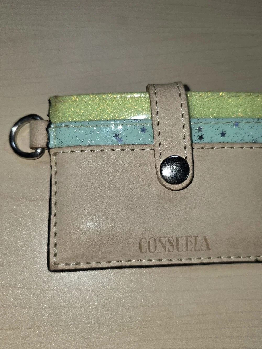 Consuela Beige Card Holder with Mint and Lime Glitter Accents
